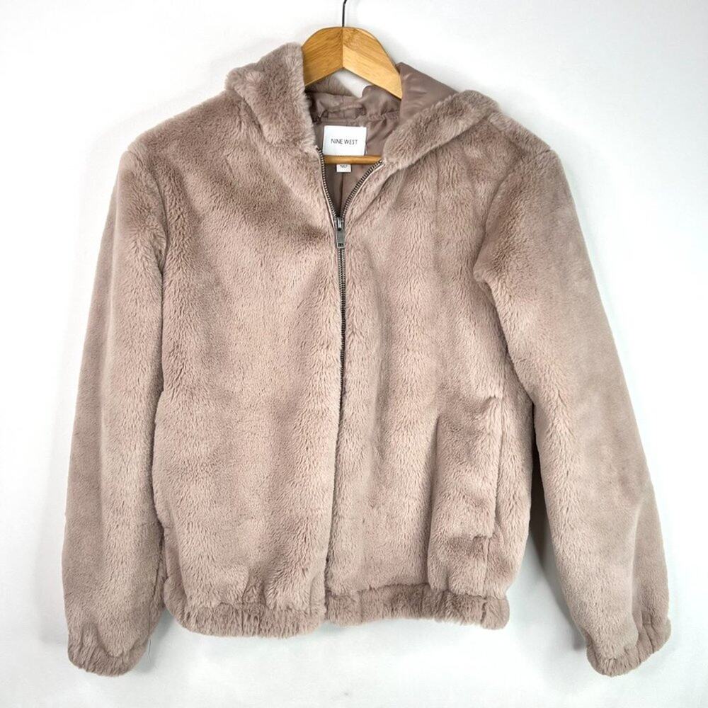 Nine West Taupe Super Soft Faux Fur Zip Jacket With Hood XS